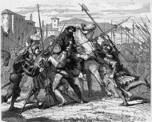 Verhaftung von Ludovico Maria Sforza genannt der Mohr (Ludovico Maria Sforza detto il Moro) (1452-1508) in Mailand im Jahr 1500, verraten von Schweizer Söldnern, fiel er in die Hände der französischen Armee. Gravur in "Histoire De France En Cent Tableaux" 