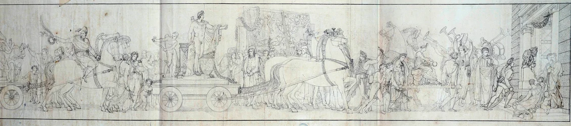 Ankunft in Paris von Objekten, die von der französischen Armee in Italien erobert wurden. Die Plünderung von Kunstwerken war das Ziel der Expeditionen von Dominique Vivant Denon unter dem Befehl von Konsul Napoleon Bonaparte für das Musée Napoleon (heute L