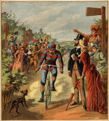 Ankunft eines Radrennens auf dem französischen Land. Gravur in „La Terre Illustree“ Nr. 81 vom 19. Mai 1892.