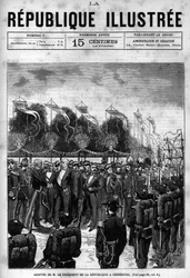 Ankunft des Präsidenten der Republik Jules Grevy (1807-1891) bei den Feierlichkeiten in Cherbourg. Gravur von 1880 in „La republique illustree“ private Sammlung.