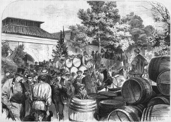 Ankunft der ersten Fässer Süßwein im Lagerhaus von Bercy. Paris