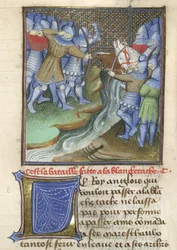 Arundel 67, f.144, Mittelalterliche Soldaten kämpfen über einen Fluss, aus Chroniques d
