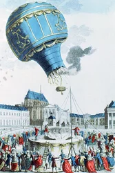Aufstieg des Heißluftballons der Montgolfier-Brüder vor der königlichen Familie in Versailles im Jahr 1783 (Farbstich)