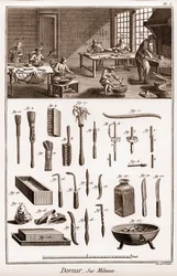 Werkstatt eines Vergolders auf Metallen - „Die Große Enzyklopädie, oder Dictionnaire Raisonne des Sciences, des Arts et des Metiers“ von Denis Diderot (1713-1784) und Jean d