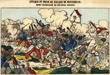 Angriff und Eroberung des Dorfes Montebello, der glorreiche Tod von General Beuret im Jahr 1859. Bild von Epinal