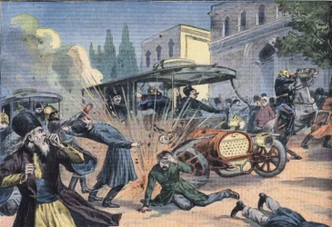 Attentat auf den Schah von Persien Mohammad Ali Shah Qajar (1872-1925). Gravur aus der Zeitung 