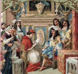 Audienz des Legaten im Zimmer des Königs (Ludwig XIV?) im Schloss von Versailles. Chromolithografie des späten 19. Jahrhunderts