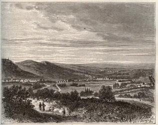Ay und der Berg von Reims - Département Marne - Gravur in „La France illustrée: Geographie, Geschichte, statistische Verwaltung“ von V.A. Malt-Brown. 1884