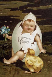 Baby in einem Ei neben einem Küken - Ostergrußkarte