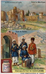 Bala-Hissar-Tor in Afghanistan und Soldaten der afghanischen Armee am Khaiber-Pass. Werbechromolithographie des 19. Jahrhunderts