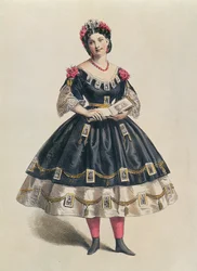 Ballkleid verziert mit fotografischen Visitenkarten, ca. 1860