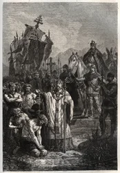 Taufe des heidnischen Sachsenführers Widukind unter dem Druck von Kaiser Karl dem Großen - Karl der Große zwingt die Sachsen zur Taufe - Bekehrung von Widukind vor Karl dem Großen im Jahr 785 - Gravur aus „L