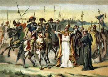 Barbareninvasionen - Attila und Papst Leo I. der Große, Chromolithographie des späten 19. Jahrhunderts