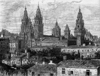 Barockkunst: Ansicht der Kathedrale von Santiago de Compostela. Spanien. Gravur in „Le Monde Illustré“ Nr. 1220 vom 14. August 1880