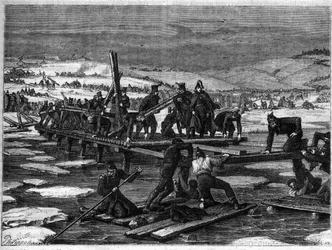 Schlacht an der Beresina, 26.-29. November 1812, eine katastrophale Niederlage Napoleons während seines Rückzugs aus Russland - Russlandfeldzug, Rückzug: Bau zweier Brücken über die Beresina durch die Brückenpioniere der Grande Armée unter der