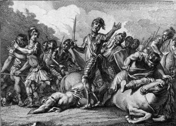 Schlacht von Tolbiac, 496: Chlodwig I. (466-511), König der Franken, bittet Gott um Hilfe, um den germanischen Stamm der Alemannen zu besiegen. Gravur aus dem 18. Jahrhundert