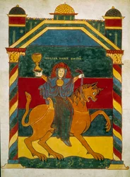 Tier und Frau, sitzend auf ihr, reiche Prostituierte. Miniatur aus den Kommentaren zur „Apokalypse nach Johannes“ von Beatus von Liebana, 775