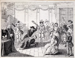 Beaumarchais wird in Saint Lazare ausgepeitscht - Szene der Züchtigung durch Beaumarchais, der die Broschüre des Folle journée in der Hand hält - nach einem Gemälde der Comédie Française, Gravur