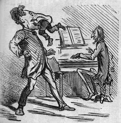 Bevor er die Musik von Mr. Offenbach singt, wird der Tenor Hyacinthe geschlagen, um seinen Kopfnoten Erleichterung zu verschaffen. Der französisch eingebürgerte deutsche Komponist Jacques Offenbach (1819-1880) spielt Klavier und Louis Hyacinthe Duflost, ge