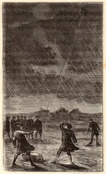 Benjamin Franklins Blitzexperiment - Experiment von Benjamin Franklin (1706-1790), der einen Drachen steigen ließ, um die elektrische Natur des Blitzes zu demonstrieren. Kolorierte Gravur des 19. Jahrhunderts. Gravur in „Wissenschaften für jedermann - phys