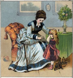 Berthe weint, weil sie sich beim Nähen in den Finger gestochen hat. Ihre Mutter schimpft sie, weil sie vergessen hat, den Fingerhut zu benutzen. Chromolithographie aus „Szenen aus der Kindheit“, veröffentlicht von Guerin - Muller um 1885.