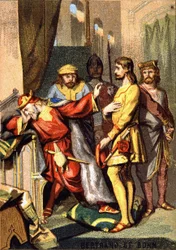 Bertran (Bertrand) de Born (1140 - 1215) Troubadour aus Périgord, Herr von Hautefort, vor Heinrich II. (1133 - 1189) von England. Chromolithographie aus der Serie „Patriotische Erziehung durch Bild“