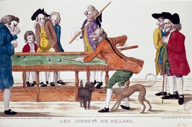 Billardspieler (Thermidor des Jahres 8 des Revolutionskalenders) (1800). Karikatur. Farbgravur der französischen Schule der Revolutionszeit. Paris, Musée Carnavalet