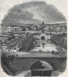 Vogelperspektive des Canal Saint-Martin (Saint Martin), des Platzes und des Bastille-Viertels, aufgenommen vom rechten Ufer der Seine - Gravur in „Tableau-de-Paris“ von Edmond Texier 1852