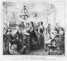 Geburtserklärung - Zeichnung von H.E. Blanchon in „La vie moderne“