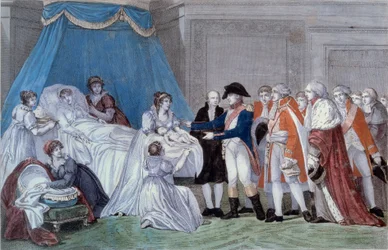 Geburt des Königs von Rom Napoleon II (François Charles Joseph Napoleon Bonaparte) (1811-1832): Zeremonie der Geburtsurkunde des Sohnes von Kaiser Napoleon I (1769-1821) im Palais des Tuileries am 20.03.1811. Gravur des 19. Jahrhunderts. Ile d