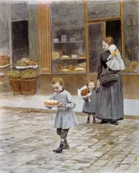 Geburtstag: Ein kleiner Junge kommt aus einer Konditorei und hält seinen Kuchen in den Händen