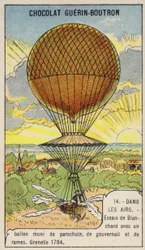 Blanchard testet seinen Ballon mit Fallschirm, Ruder und Rudern, Grenelle, Frankreich