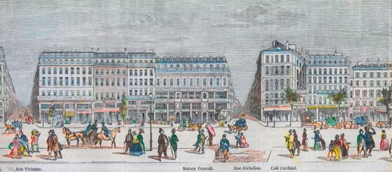 Boulevard Montmartre Südseite und Boulevard des Italiens Südseite - Rue Vivienne - Maison Frascati - Rue Richelieu - Café Cardinal - Gravur in "Tableau-de-Paris" von Edmond Texier 1852