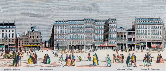 Boulevard Poissonniere und Boulevard Montmartre - Basar der Industrie - Rue Montmartre - Théâtre des Variétés und Passage des Panoramas - Gravur in „Tableau-de-Paris“ von Edmond Texier 1852.