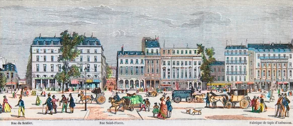 Boulevard Poissonnière Südseite - Rue du Sentier - Rue Saint Fiacre - Gravur in „Tableau-de-Paris“ von Edmond Texier 1852