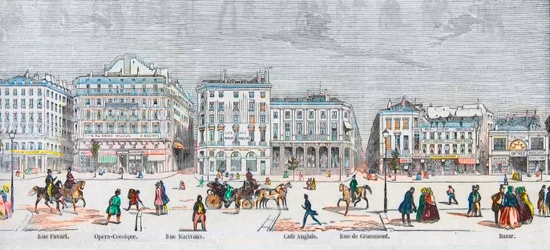 Boulevard des Italiens Südseite - Rue Favart - Opéra comique - Rue Marivaux - Café Anglais - Rue Grammont - Basar - Gravur in „Tableau-de-Paris“ von Edmond Texier 1852.