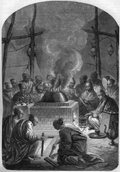 Buddhismus: Einäscherung eines tibetischen Lamas (hoher Priester) bei den Kalmücken in Russland.