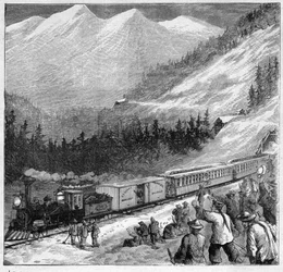 Canadian Pacific Railway im Jahr 1888 - Passage eines Zuges in der Sierra Nevada - Gravur in „Journal des Voyages“ 1888