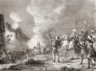 Kanonen, die als Belagerungsmaschinen vom Sultan Abu Yaqub Yusuf bei der Belagerung von Sijilmasa, Marokko im Jahr 1274 verwendet werden, aus 