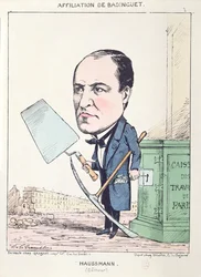 Karikatur von Baron Georges Eugene Haussmann (1809-91) als Baugehilfe, ca. 1870
