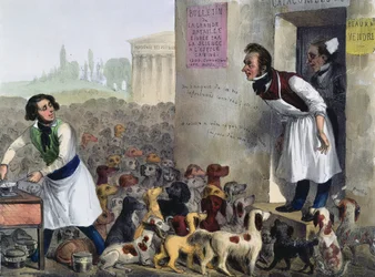 Karikatur von Parisern im Umgang mit tollwütigen Hunden, um 1840