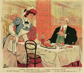 Karikatur von Kunde und Kellnerin in einem Restaurant, um 1905