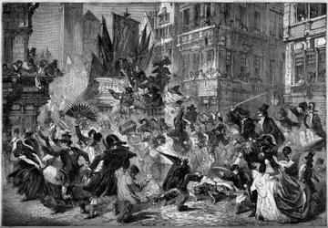 Karnevalsszene in den Straßen von Antwerpen (Belgien) im Jahr 1860. Gravur in 