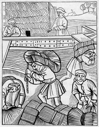 Heutransporter im Mittelalter. Gravur in „La Marine et les colonies: commerce“