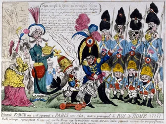 Karikatur über Napoleon I. (1769 - 1821) und seinen Sohn, den König von Rom (1811 - 1832): Letzterer auf seinem Schaukelpferd überprüft die Truppen der französischen Armee mit seinem Vater. Französischer Druck des 19. Jahrhunderts