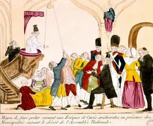 Karikatur, die französische Aristokraten und Klerus zeigt, die den Treueeid auf die Republik ablegen