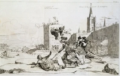 Karikatur von Mademoiselle de Montpensier („Grande Mademoiselle“) „fegt Mazarin und seine Anhänger aus Frankreich“