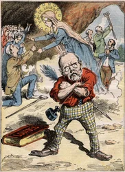 Karikatur des Schriftstellers Emile Zola (1840-1902), der über die Hingabe der Gläubigen in Lourdes trotz seiner Kritik am Thema in seinem Roman „Lourdes“ perplex ist. Gravur in „Le Pelerin“ vom 30. August