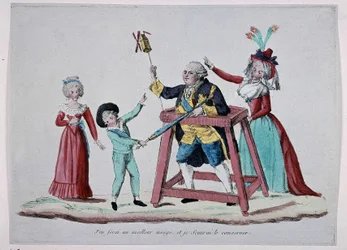 Karikatur der königlichen Familie (Louis XVI. und Marie Antoinette mit ihren Kindern) während der Französischen Revolution, um 1790 - Musée Carnavalet
