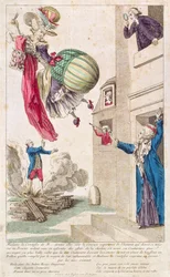 Karikatur, die Mode und Ballonfahrt verspottet, ca. 1783-4